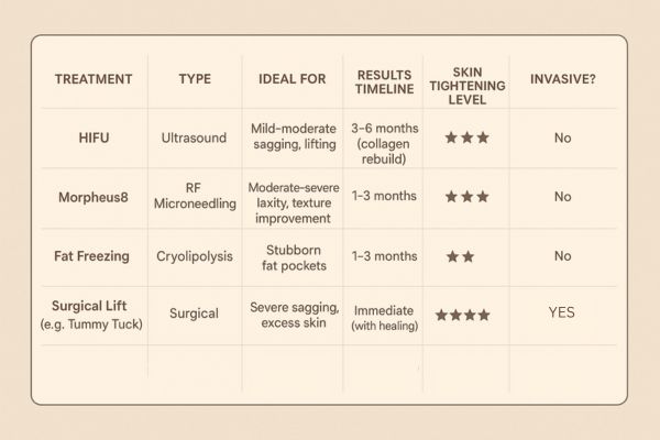 Table showing the comparisons of Skin tightening Greater London (Richmond upon Thames) treatment options. 